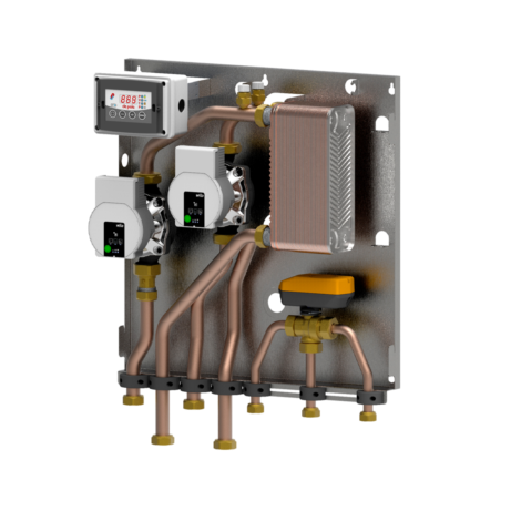 Modulo BF2 (2 circolatori) per la separazione BIOMASSA - IMPIANTO DI RISCALDAMENTO e produzione di ACS ISTANTANEA con generatori a biomassa dotati di scambiatore